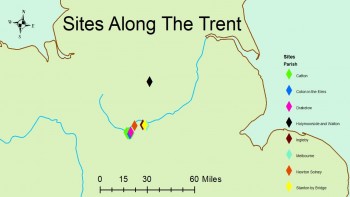 Figure SEQ Figure \* ARABIC 1: Eight sites associated with the Great Army were identified in Derbyshire with seven of them following the course of the river Trent (Hume 2020, 38)